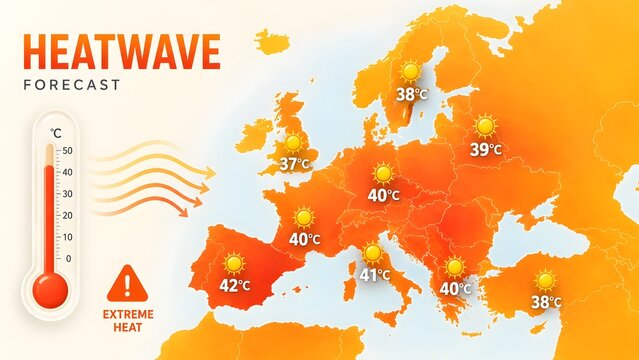 Graphic illustration of Europe weather map showing extreme heatwave forecast with high temperatures and thermometer