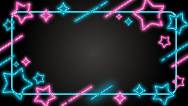 星のネオンのポップなフレーム背景 水色 ピンク 横長 16:9