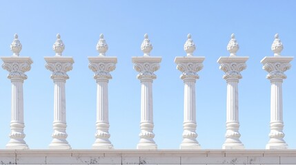 Fototapeta premium pediment. Seven identical white marble columns supporting a ruined pediment at a temple. event programs, museum guides, designed for cultural heritage projects and event programs.