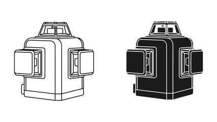 Laser Level Tool Outline: A technical illustration showcasing a laser level device in both a white outline and a black silhouette, representing precision measurement and construction technology. © Abu