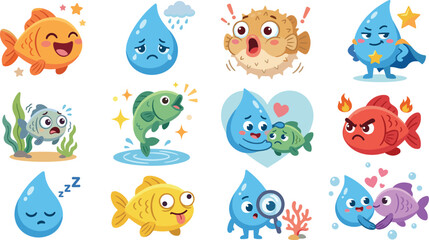 Fototapeta premium Cute cartoon water droplet and various fish character emoji stickers showing different emotions like happy sad angry and scared, vector illustration
