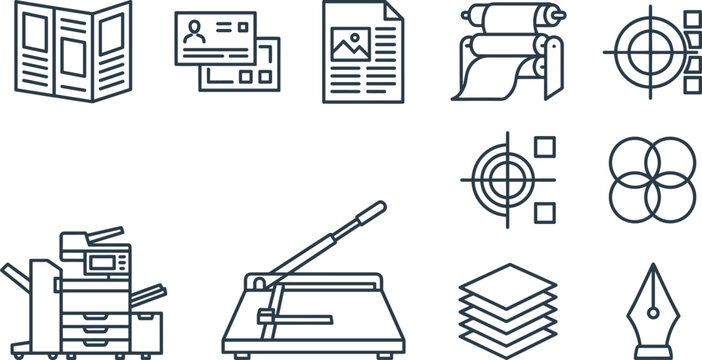 Printing Industry and Graphic Design Icon Set with Plotter Copier Paper Cutter Brochure Business Card and Alignment Registration Marks for Press Media Agency Website Layouts