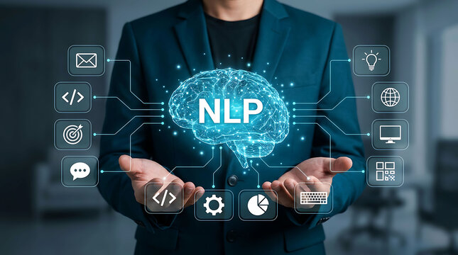 NLP natural language processing AI brain concept in businessman hands tech background