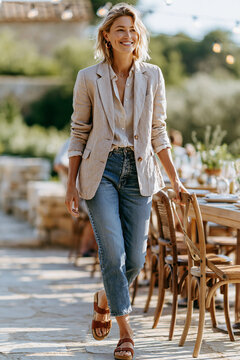 Photorealistic candid scene of a woman arriving at a sunny outdoor brunch table, mid-movement pulling out a chair, wearing slim-fit medium wash jeans and a lightweight linen blazer