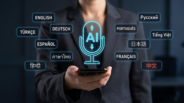 AI voice translation app concept with multi language symbols on smartphone banner