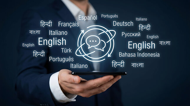 Global multi language translation concept with businessman holding smartphone banner