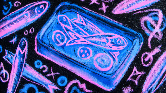 Vibrant illustration of canned fish and abstract shapes with a unique and artistic glow effect, perfect for creative projects