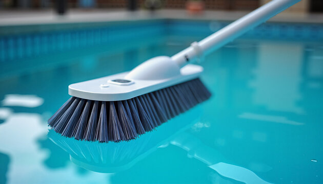 Pool cleaning with brush in clear water for maintenance and hygiene. Pool cleaning tool removes debris and dirt effortlessly, ensuring clean water for enjoyment. Concept pool maintenance.