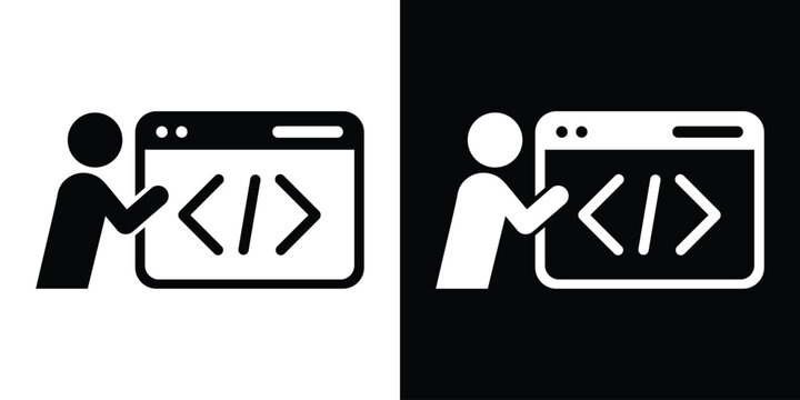 Web programming icon featuring a person working on code inside a browser window. Black and white vector graphic.