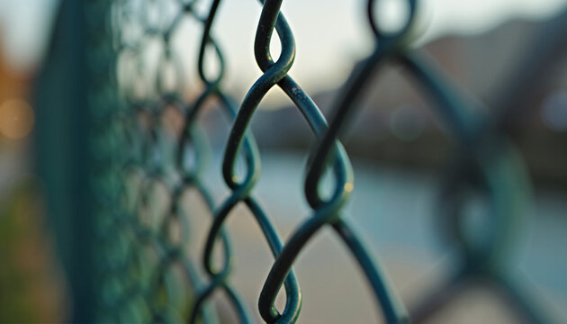 Close-up of chain link fence with blurred background and soft focus. Chain link fence showcases intricate metal design, creating patterns with shadows and light. Concept security, barriers,