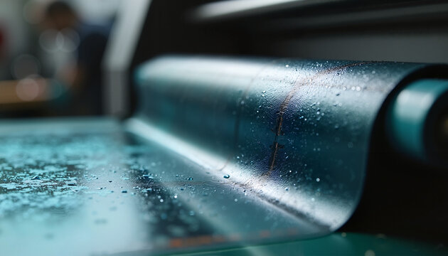Close-up of printing press with wet ink on roller surface revealing intricate details of the printing process. Printing equipment shows texture and color as part of modern print production.