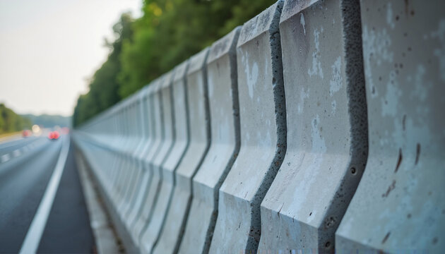 Highway safety barrier along road with greenery and vehicles approaching. This concrete barrier provides safety on the highway, offering protection for motorists and preventing accidents.