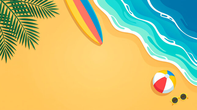 Summer beach background with surfboard palm leaves and copy space