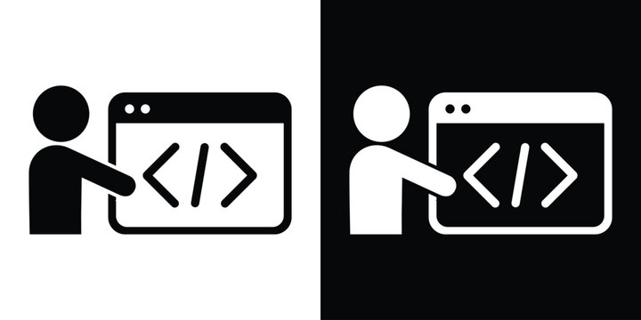 Web programming icon featuring a person working on code inside a browser window. Black and white vector graphic.