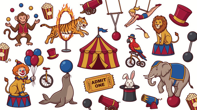 Comprehensive collection of circus characters and show elements including animals clowns and big top tent on white, illustrating fun fair activities and provides festive event decoration