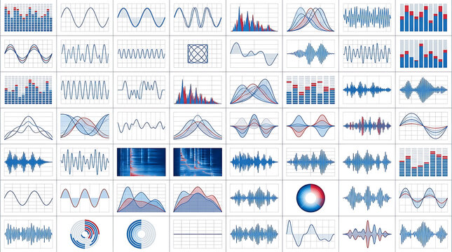 Massive set of blue and red data visualization charts including frequency waves and audio graphs
