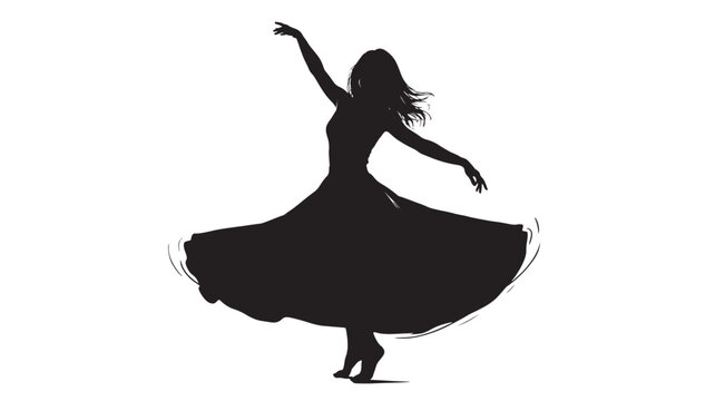 Graceful dancing woman silhouette in flowing dress, elegant female dancer performing spinning motion, black vector art on white background