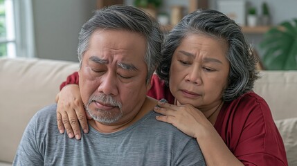 Fototapeta premium Elderly couple sharing sadness and concern with empathetic support and comfort