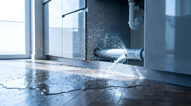 Water spraying from a burst pipe under a kitchen cabinet onto wooden floor in a cool blue toned low angle shot