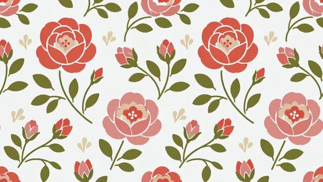 Seamless coral rose pattern with flat flowers buds and green leaves on soft cream background design