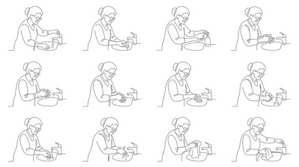 Fototapeta premium Elderly Woman Washing Hands Sequence - Step-by-Step Hygiene Illustration
