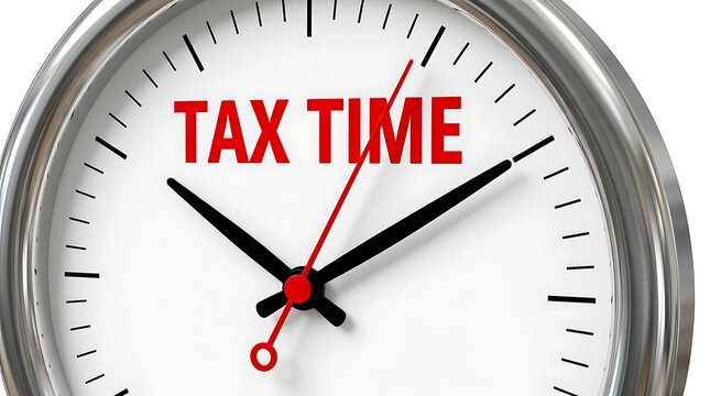 Silver analog clock with red tax time text on face representing deadline