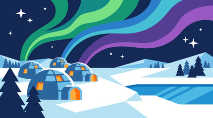 Igloo Hotel Under Northern Lights Vector Illustration © Bima