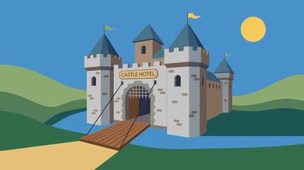 Naklejka premium Castle Hotel with Drawbridge Entrance Vector Illustration