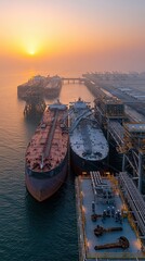 Fototapeta premium Aerial View of Large Tanker Ships Docked at an Industrial Port During a Misty Sunrise