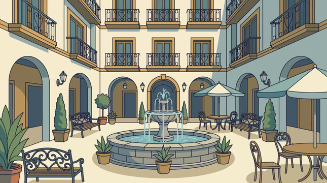 Boutique Hotel Courtyard with Fountain Vector Illustration