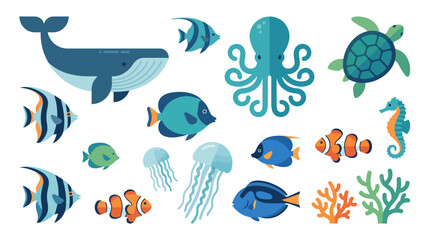 Naklejka premium Colorful Underwater Marine Life Scene with Fish and Coral.
