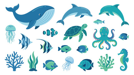 Obraz premium Diverse Marine Life Illustration Featuring Fish Dolphins and Sea Creatures.