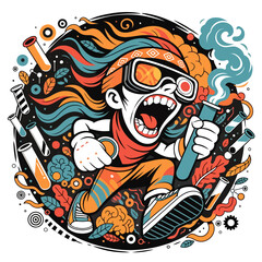 Colorful cartoon gamer with wild hair and controllers. © Ashiq