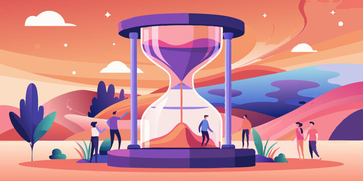 Concepto de gesti&oacute;n del tiempo con un reloj de arena gigante y personas diminutas que trepan y se sientan sobre &eacute;l; ilustraci&oacute;n vectorial de estilo plano para negocios.