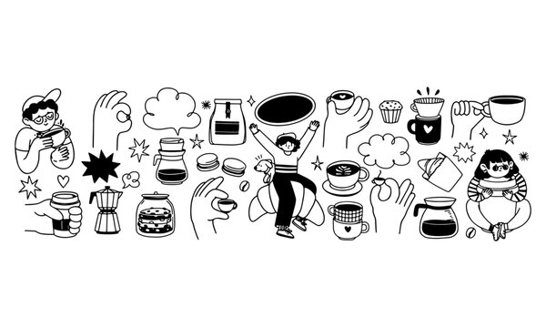 Hand Drawn Doodle Illustration Set Featuring Various Coffee Drinking Activities and Morning Rituals in a Minimalist Style
