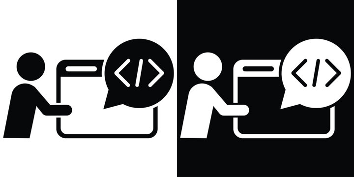 Web developer icon showing a person programming a website, featuring code tags in a speech bubble. Black and white vector set.