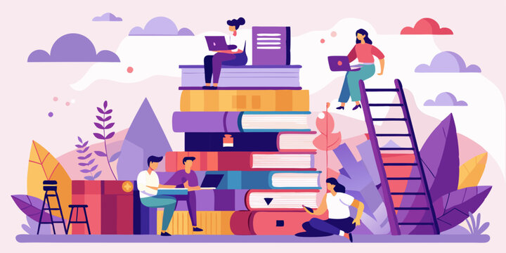Ilustraci&oacute;n conceptual sobre educaci&oacute;n con libros gigantes y personas diminutas que leen, trepan y se sientan sobre una enorme pila de libros; escena de aprendizaje en estilo vectorial plano.