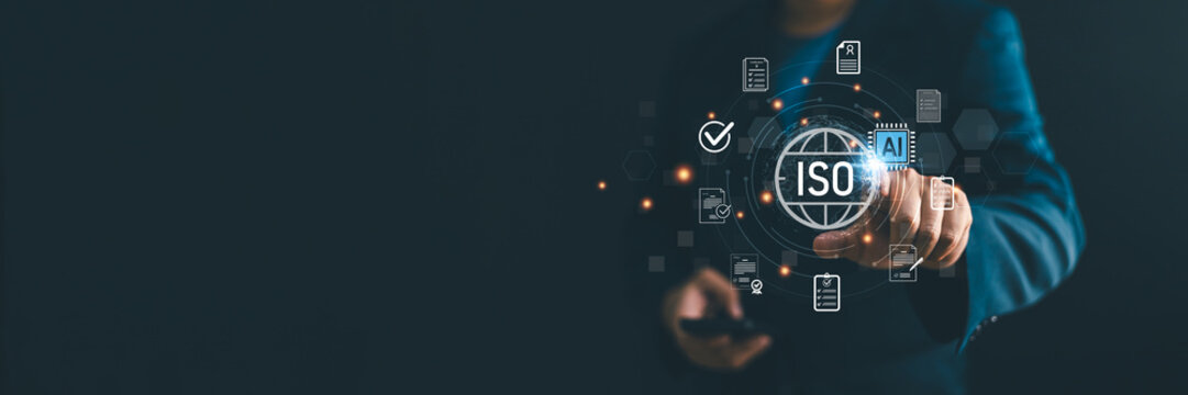 Businessman pointing at a glowing ISO certification icon with document checklist and AI chip graphics. Concept of quality management, standard control, compliance, and corporate policy