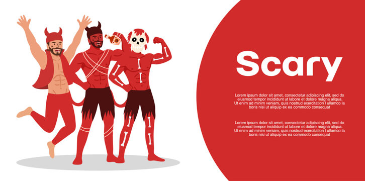 Three scary devils in red costumes posing on background