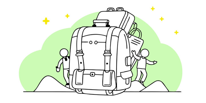 巨大な旅行用バックパックと、その特大の荷物に荷造りをしたり、よじ登ったり、座ったりしている小さな人々。パステルグリーンからイエローへのグラデーションの背景。