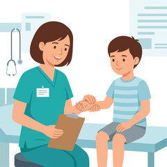 Fototapeta premium A friendly female healthcare professional in green scrubs examines a young boy's wrist while holding a clipboard in a bright, modern clinic setting.