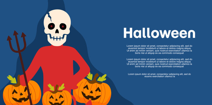 blue halloween background with skull holding pitchfork and pumpkins
