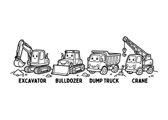Cute Excavator, Bulldozer and Dump Truck Construction Coloring Page for Kids – Black and White Cartoon Line Art © Shoptak