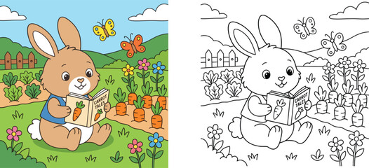 Cute rabbit reading book in carrot garden coloring page vector template, colorful and black and white line art activity sheet for children