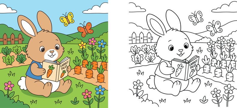 Cute rabbit reading book in carrot garden coloring page vector template, colorful and black and white line art activity sheet for children