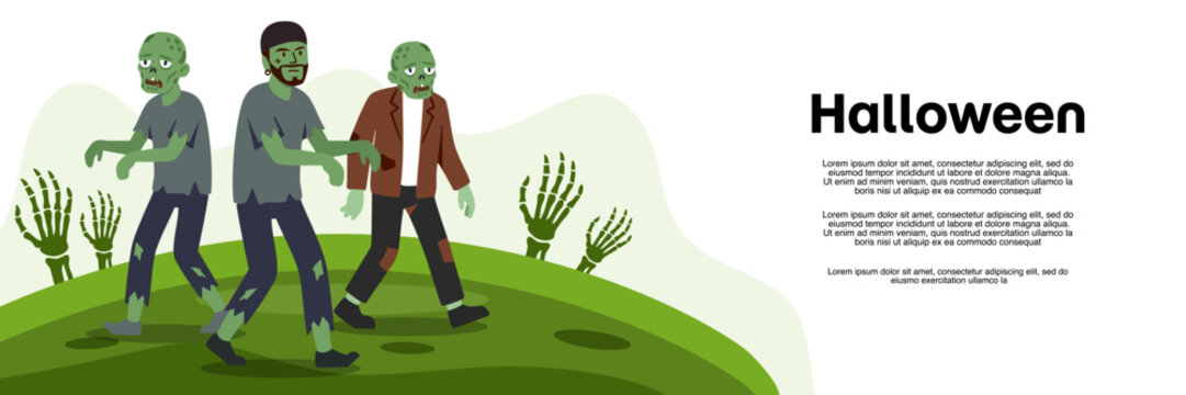 Zombies walk slowly across grassy field reaching hands upward
