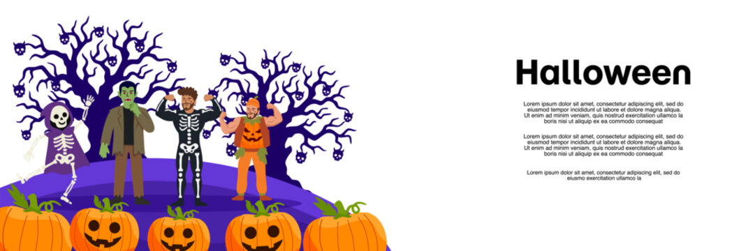 Two people celebrate halloween beside skeletons and pumpkin patch