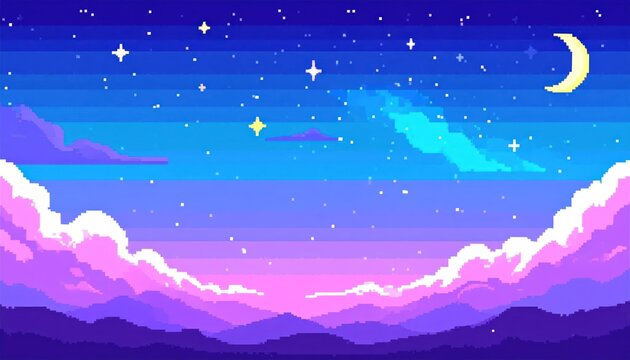 Vibrant pixel art sunset with moon and clouds.