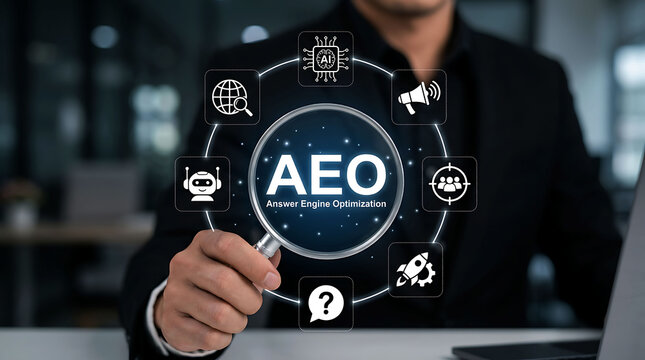Businessman holding magnifying glass over AEO Answer Engine Optimization
