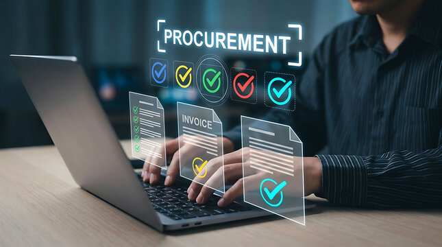 Man typing on laptop with procurement invoice process concept icons